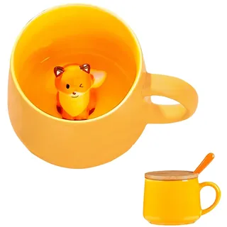 BigNoseDeer Süße Sachen Keramik Füchse Kaffeetasse Teetasse Deckel Löffel Lustige Tassen Geschenke für Frauen Kaffeebecher 3D Tasse Personalisiert Cappuccino Tassen Beste Freundin Jahrestag Geschenk