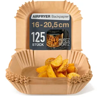 Moritz & Moritz Airfryer Backpapier Eckig 16x16 cm (unten 16 cm, oben 20,5 cm) - 125 Stück Einweg-Einlagen mit Randhöhe 4,5 cm - Antihaft & fettabweisend - bis 220°C - für 2-4 L Air Fryer & Backofen