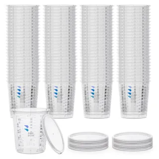 Benbow Profi-Messbecher mit Deckel 100x 385ml mit vielfältiger Skalierung - Becher mit Skala, Lackmischbecher, Meßbecher, Lackbecher