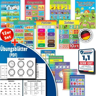 LOGIJO® 12 X pädagogische Montessori Lernposter, Set A3 mit Übungsblättern, Premium Poster Papier seidenmatt, Lerngrundlagen 1 - Alphabet, ABC, Zahlen lernen, Lernhilfe für Kinder der Vor- Grundschule