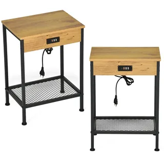 MEUBLE COSY Nachttisch 2er Set mit Ladestation Beistelltische 4 USB-Anschlüssen Couchtisch Klein Sofatisch mit Ablageboden für Wohnzimmer Schlafzimmer, Industrie, Metallgestell, Hellbraun, 38x28x52cm