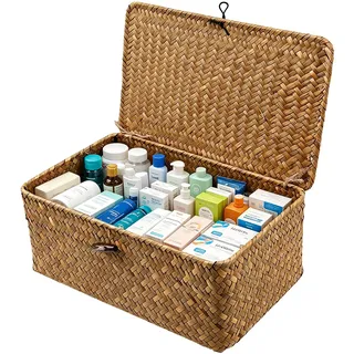 Aufbewahrungskorb aus geflochtenem Rattan – Seegras Korb mit Deckel, handgeflochten, groß, mit stabilem Drahtgestell, Wäschekörbe, Körbe & Aufbewahrungsbox Badezimmer, Schlafzimmer, Wohnzimmer(XXL)
