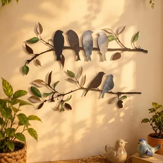 Demissle Wanddeko aus Metall, Vögel auf Zweigen mit Blättern, rustikale Wandkunst, wasserdichte Metallschilder für Zuhause, Balkon, Garten, Innen- und Außenbereich, Retro-Farben, 2 Stück