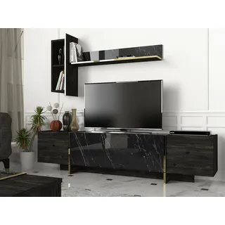 Dmora Neptura, Sideboard für Wohnzimmer, niedriger Schrank für Fernseher, Wandbasis, 180 x 32 x 45 cm, Schwarz und Gold