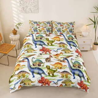 Loussiesd Kinder Bettwäsche Set Cartoon Dino 135x200 cm Dinosaurier Jungen Bettbezug für Mädchen Kids Microfaser Himmlische Qualität Betten mit 1 Kissenbezug 80x80cm Einzelbett 2 teilig
