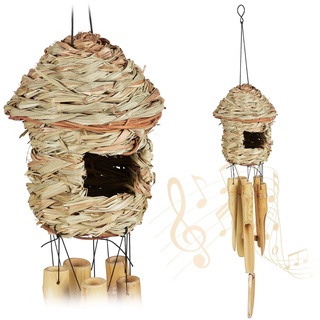 Relaxdays Windspiel 2er Set, aus Bambus & Stroh, für innen & außen, Deko Vogelhaus, Klangspiel, HxD: 67,5x13,5cm, Natur