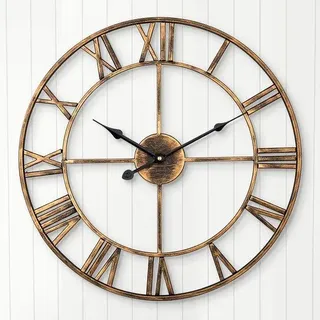 Europäische Landhausuhr mit römischen Ziffern, 47 cm, schweigend, batteriebetrieben, metallenes Skelett, dekorative Wanduhr für Wohnzimmer, Küche, Café (Gold)