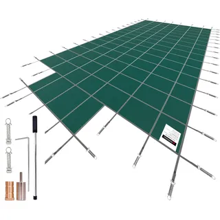SucceBuy Pool-Sicherheitsabdeckung, passend für rechteckige Einbaupools mit den Maßen 6 x 12 m, solide Netzabdeckung mit 1,2 x 3 m Mittelstufe und Abflusslöchern für Sicherheit im Winter, grün - Grün