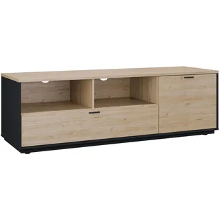 Forte MANTERO TV-Schrank 160 170, Industrial Stil Lowboard, 1-türig, 2 Schubladen, offene Fächer, Holzwerkstoff, Prärienussbaum Holzdekor/Schwarz, 167,8 cm breit x 53,6 cm hoch x 52 cm tief