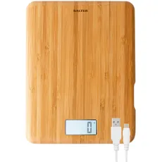 Salter 1094 WDDR Digitale Küchenwaage Eco Bambus, wiederaufladbare elektrische Waage mit Tara-Funktion, USB-Kabelladegerät im Lieferumfang enthalten, Sustainable Made Waage, LCD-Anzeige, max 5kg
