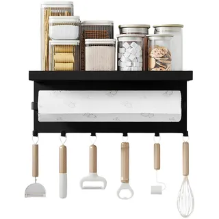 Colexy Magnetisches Gewürzregal für Kühlschrank, Magnetische Ablage mit Haken und Küchenrollenhalter, ohne bohren- Rostfrei & Platzsparend Ideal für Mikrowelle & Metalloberflächen -28 x 14,5 x 9,5 cm
