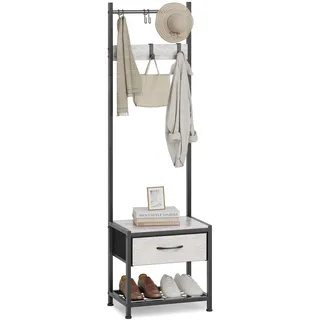 Metall Garderobe Sitzbank Stauraum 154x30x45cm Hellgraue Holzmaserung | Leader Accessories Garderobenständer mit Schuhablage und Sitzbank Standgarderobe für Jacken Mäntel und Schuhe Flur