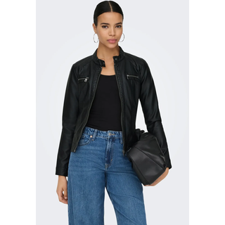 Lederimitatjacke ONLY "ONLBANDIT – Bikerjacke mit figurbetonter Form und Reißverschlüssen", Damen, Gr. 34 (XS), schwarz, Web, Obermaterial: 100% Viskose. Beschichtung: 100% Polyurethan, unifarben, figurumspielend taillenbedeckt, angesetztes Bündchen, Jacken Lederimitatjacke, Lederimitat, Topseller