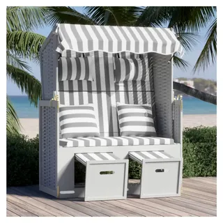 Strandkorb mit Kissen aus Poly Rattan und Massivholz in Grau und Weiß - Grau, Weiß