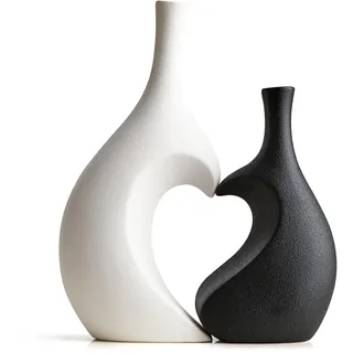 Herzförmige Vasen Set (2er Set) - Schwarz & Weiß Minimalistische Deko-Vasen für Wohnzimmer, Esstisch, Couchtisch & Regal, Modernes Herz-Design für Diele und Sideboard