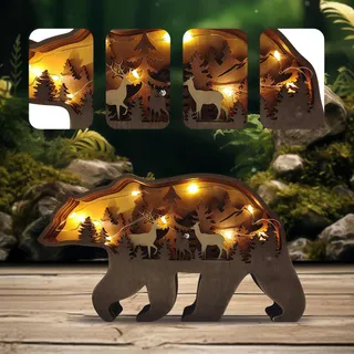Drawelry 3D Holz Eisbär Statue Holzschnitzerei Ornamente mit LED Nachtlicht Waldtiere Berg Holzskulptur Kunsthandwerk Dekoration für Heim Büro Schlafzimmer Wohnzimmer Tisch Wandkunst Dekor (Eisbär)