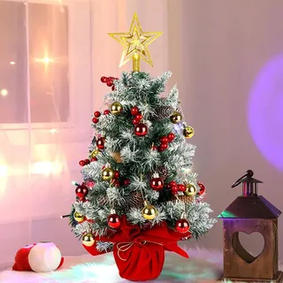 KAHEIGN Mini Weihnachtsbaum 60cm Künstlich Tisch Weihnachtsbaum Künstlich Tisch Tannenbaum mit Christbaumkugeln Rot Gold Kugelverzierungen, Stern-Baumspitze für Weihnachtsdekoration