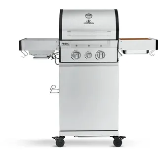 BURNHARD 2-Brenner Gasgrill FRED Jr. Deluxe Series 3 inkl. 900°C Infrarot-Keramikbrenner, Gusseisen-Grillrost, Grillabdeckung, Edelstahl Grillwagen + klappbare Seitentische