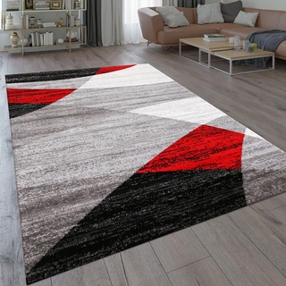 VIMODA Teppich Geometrisches Muster Meliert in Rot Grau Weiß Schwarz Kurzflor Wohnzimmer, Maße:120 x 170 cm