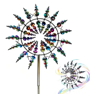 Magische Windmühle,3D Windrad Edelstahl,Windspiel Garten mit Gartenpfahl,360° Dual Rotors kinetische Wind Spinner,Wind Spinner im Freien,Geeignet für Innenhöfe,Terrassenrasen,Gartendekoration,Silber