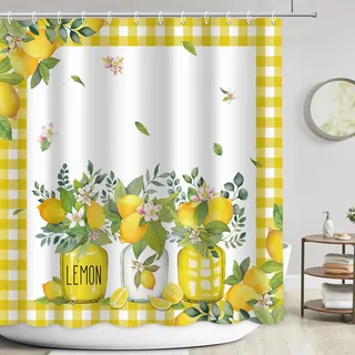 APROPHIC Duschvorhang Zitrone 180x180, Duschvorhänge Sommer Zitronen Flowers, Gelb Badevorhang Badezimmer, Pflanzen Duschvorhang Badewanne, Duschvorhänge Textil mit 12 Haken, Maschinenwaschbar
