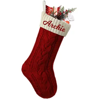 Cysincos Weihnachtsstrumpf Personalisiert Name 46cm große gestrickte Christmas Stockings Nikolausstrumpf hängende Familie Weihnachtsstrümpfe für Party, Rot (Körper) / Elfenbeinweiß (Mund)