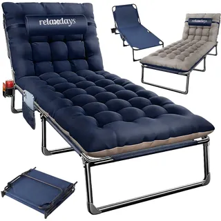 Relaxdays Campingbett klappbar, Matratze, Nackenkissen, Handyhalter, blau | bis 250 kg, HBT: 26x190x72 cm, Feldbett