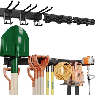 BONTEC Wandmontierter Werkzeughalter, 294kg Tragfähigkeit, 3 Rail Panels, Verstellbare Garage Wandregale mit 8 Haken, Gartenwerkzeug Aufbewahrung, Werkstatt Organizer,Stabil und Rostbeständig,Schwarz