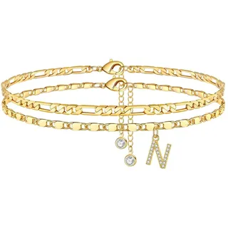 TINGN Fußkettchen für Damen, Gold Fussketten für Frauen Fußkettchen mit CZ Buchstaben N Figarokette Doppelte Fußketten Verstellbar 21+5 Cm Frau Mädchen Tochter Freundin Sommer Geschenk