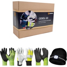 Gebol GO Arbeitsschutz-Set Winter | Größe XL (Gr. 10) | LED-Mütze für Sicht und Sichtbarkeit | Arbeitshandschuhe für warme Hände bei Kälte | Für Herren | 3 Paar + 1 Mütze
