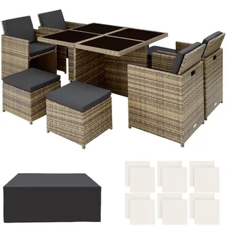 Tectake tectake® Rattan Sitzgruppe, mit Aluminiumgestell, wetterfest und UV-beständig, 2 Bezugssets, zusammenschiebbar, inklusive Schutzhülle