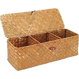 32.5x12x11cm Natürliches Aufbewahrungskorb, Seegras Korb Aufbewahrung, Geflochtene Rechteckig Korb, Rattan Korb mit Deckel 3 Fächern, Körbchen Aufbewahrung für Schlafzimmer Badezimmer (Orange) - Orange
