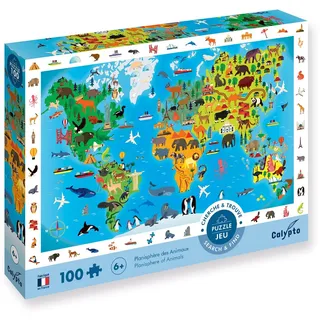 Calypto 3907501 Tierweltkarte, 100 Teile XL-Puzzle mit Soft-Touch, Kinderpuzzle mit samtiger Oberfläche inkl. Suchspiel und Puzzleposter, für Kinder ab 6 Jahren, Wimmelbild, Weltkarte, Länder, Tiere