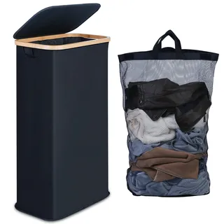 efluky Wäschekorb Schmal 63L, Schlanker Wäschekorb mit Deckel, Schwarz Faltbare Wäschebehälter mit Bambusgriffen und abnehmbarem Beutel für Waschküche, Schlafzimmer, Badezimmer