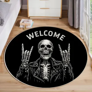 JEDTAKCT Runder Teppich Willkommensbuchstaben Waschbar rutschfest Teppich Punk-Totenkopf Bedruckt Wohnzimmerteppich Rund 80 cm Flauschig Schwarz Und Weiß Teppiche Für Schlafzimmer Esszimmer Küche