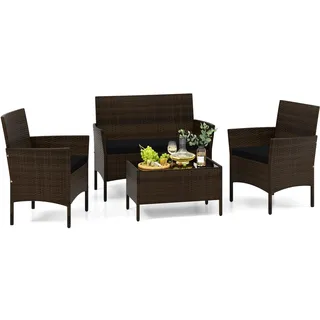 FANTASK Balkonmöbel Set, Gartenmöbel Rattan inkl. 2 Sessel, Bank, Tisch & Sitzkissen, Outdoor Lounge Möbel, Terrassenmöbel für Terrasse, Balkon, Garten (Schwarz)