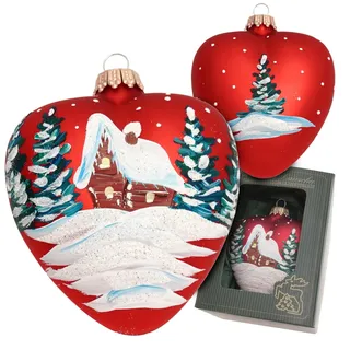 Krebs Glas Lauscha - Weihnachtsdekoration/Christbaumschmuck aus Glas - Herz Satin verschneite Landschaft mit Haus - Farbe: Rot - Größe: ca. 10 cm