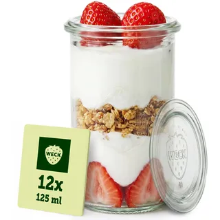 Weck Gläser 125ml – 12er Set mit Deckeln – Zylinderform – robuste, stapelbare Dessertgläser, Einkoch- & Einmachgläser – klein – Weckglas ideal für Nachtisch & Marmelade – Made in Germany