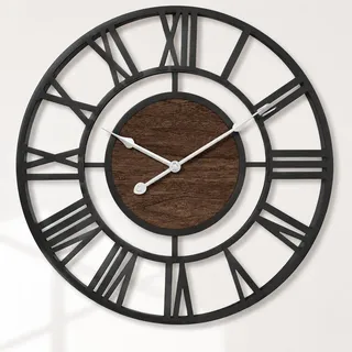 Pytha Sight Wanduhr Groß 35 cm Modern Schwarz Metall mit Walnuss, Lautlos | Wanduhr Vintage Industrial Design mit Großen Römischen Ziffern, ohne Tickgeräusche, für Wohnzimmer, Küche, Büro und Esszimmer