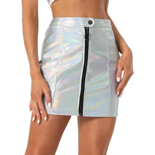 Allegra K Damen Kostüm Hohe Taille Reißverschluss vorne Aline Mini Metallic Röcke, Silber, 38