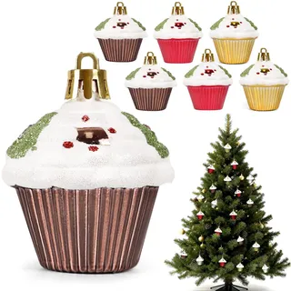 6 Stück Christbaumschmuck Cupcake Törtchen Set - Lustig Nachtisch Christbaumanhänger Kunststoff Weihnachtskugeln Baumkugeln als Weihnachtsdeko Weihnachtsbaum Baumkugel Deko Anhänger - Bunt