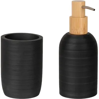 WENKO Seifenspender Mod. Altavalle Bad-Accessoire Set freistehend mit Zahnputzbecher aus Polyresin und Bambus schwarz 0,25l Ø 18,5 x 8 cm