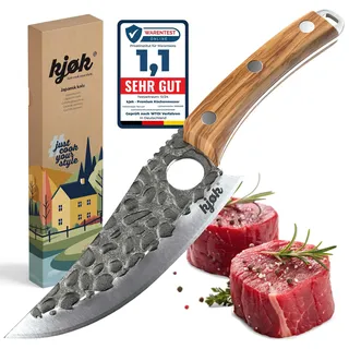 kjøk Premium Messer 58±2 HRC Stahl, 148 mm scharfe Klinge mit Loch in Hammeroptik und Olivenholzgriff – Hochwertiges Küchenmesser Grillmesser für Fleisch und BBQ - Allzweckmesser für Outdoor & Camping