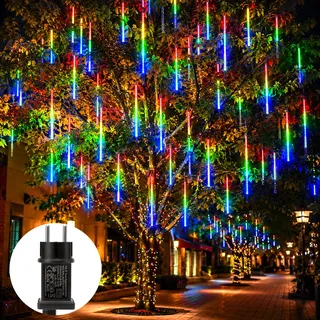 2.4M Meteorschauer Lichterkette 192 LED Weihnachtsdeko Eiszapfen Lichterkette Winter Halloween Dachrinne Fenster Garten Balkon Deko, Bunt - Bunt