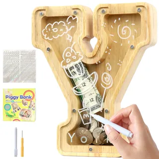 Lakpopya Spardose für Kinder Jungen Mädchen Sparschwein Kinder Spardose Personalisiert Durchsichtig Spardose Buchstabe Holz A-Z mit Zielbereich & Aufkleber & Marker, Taufe Geschenk Dekoration (Y)