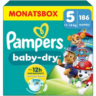 Paw Patrol (Baby-Dry), Windeln Größe 5 (11kg-16kg), Limited Edition, 186 Windeln, bis zu 12h Rundum-Auslaufschutz