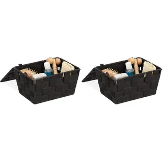 Relaxdays Aufbewahrungskorb mit Deckel, Flechtoptik, Bad Organizer HxBxT: 10,5 x 19,5 x 14,5 cm, Kunststoff, schwarz (Packung mit 2)