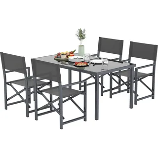 Sitzgruppe 5-teilig Essgruppe Stahl für 4 Personen Esstisch mit 4 klappbar Stühlen Esszimmergruppe mit Glastisch Küchentisch-Set Balkonmöbel Gartenmöbel für Terrasse, Balkon Grau |