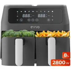EVVO Tasty Fryer Fritteuse ohne Öl, 8 l, 2.800 W, Dual Cyclone, Doppelfach, multifunktional, bis zu 200 Grad (Kapazität 8 Liter)