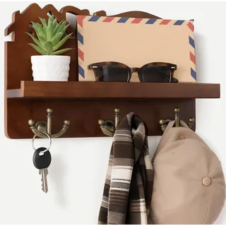 Schlüsselbrett mit Ablage Ohne Bohren, Schlüsselboard Modern,Schlüsselhalter Schlüsselregal mit Briefhalter und 6 Haken,Schlüsselhalter Wand für Wohnzimmer, Küche, Büro, Flur, Schlafzimmer, Braun